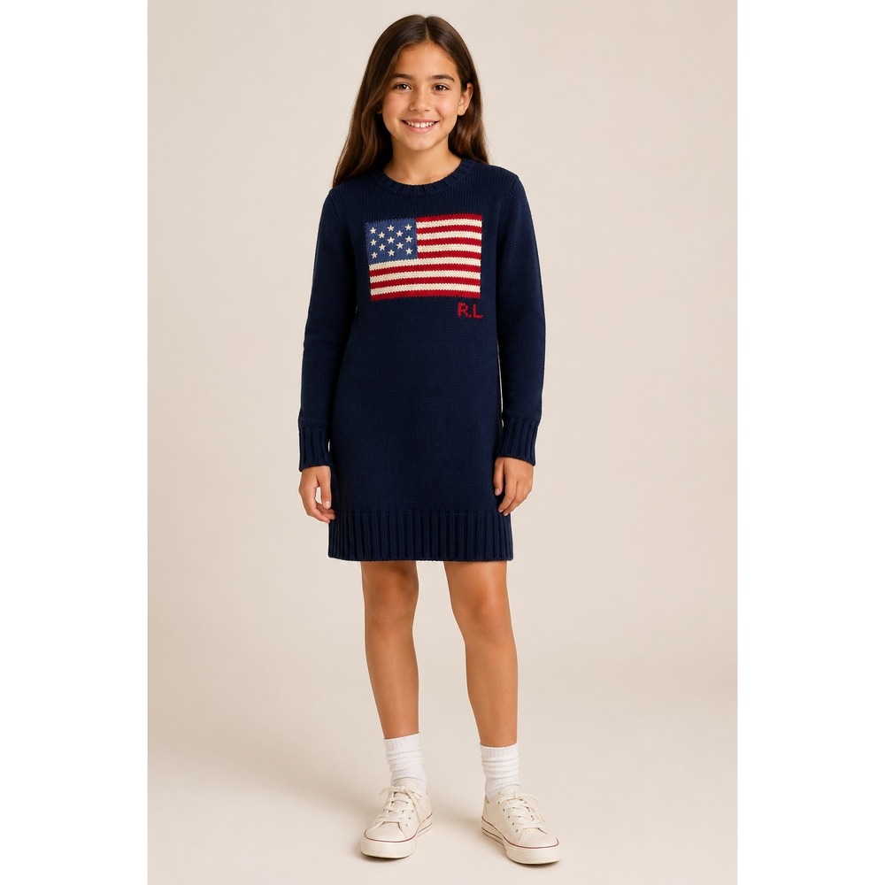 Polo Ralph Lauren Kids Navy Blue Flag-Intarsia Cotton Sweater Dress Medium 8-10